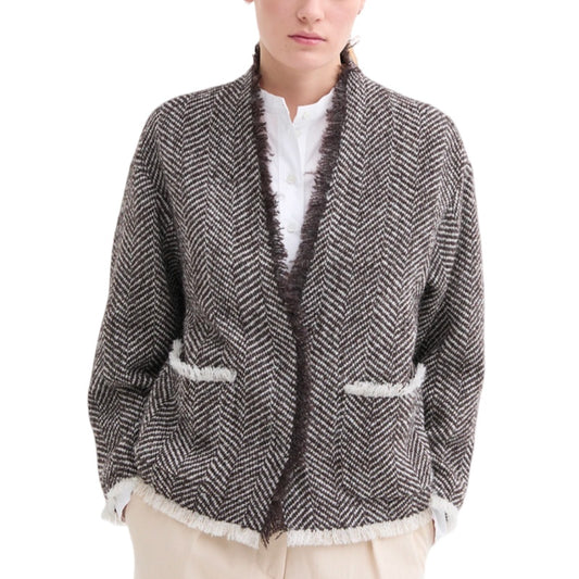 Rosso35 Wolljacke mit Fischgratmuster und Fransen