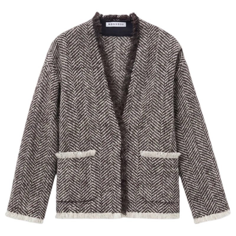 Rosso35 Wolljacke mit Fischgratmuster und Fransen