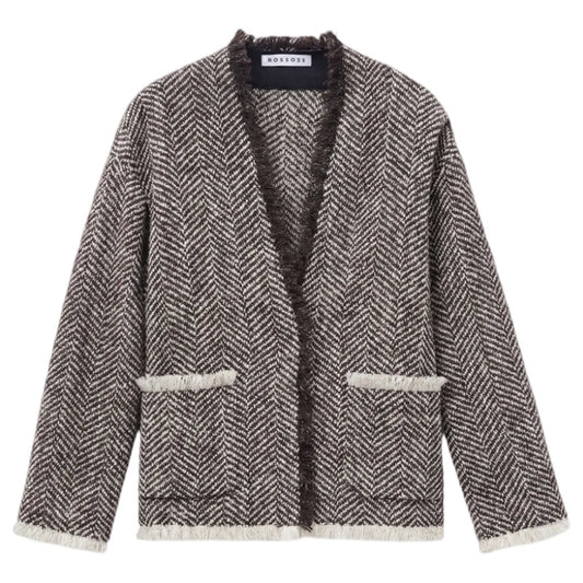 Rosso35 Wolljacke mit Fischgratmuster und Fransen